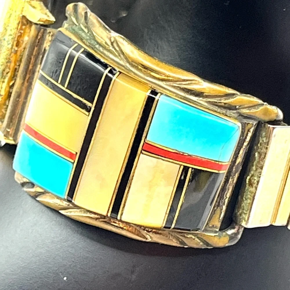 Watch Tip Albert Yazzie Gold Watch 925 Colorful Turquoise Onyx MOP Coral VTG